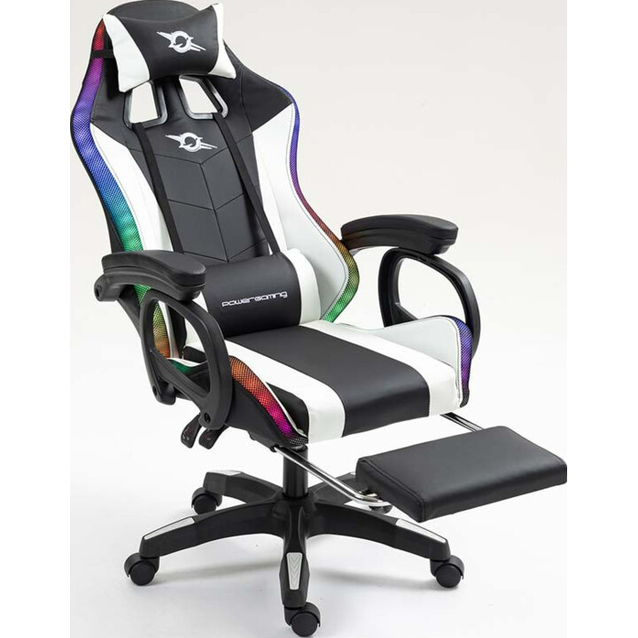 PowerGaming LED RGB-Silla 7-Punkt-Massage-Reposapiés Schwarz+Weiß