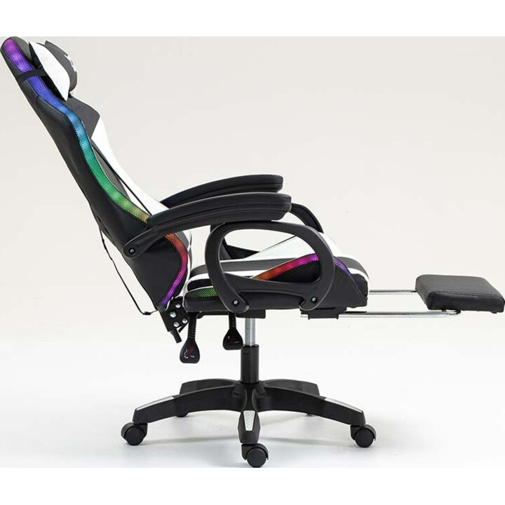 PowerGaming LED RGB-Silla 7-Punkt-Massage-Reposapiés Schwarz+Weiß