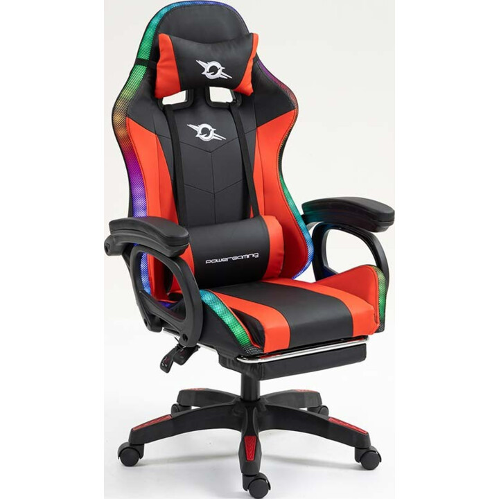 Silla Gaming PowerGaming LED RGB con Altavoz Bluetooth, Masaje y Reposapiés Negro+Rojo
