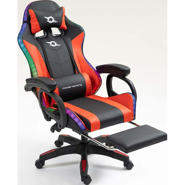 Silla Gaming PowerGaming LED RGB con Altavoz Bluetooth, Masaje y Reposapiés Negro+Rojo
