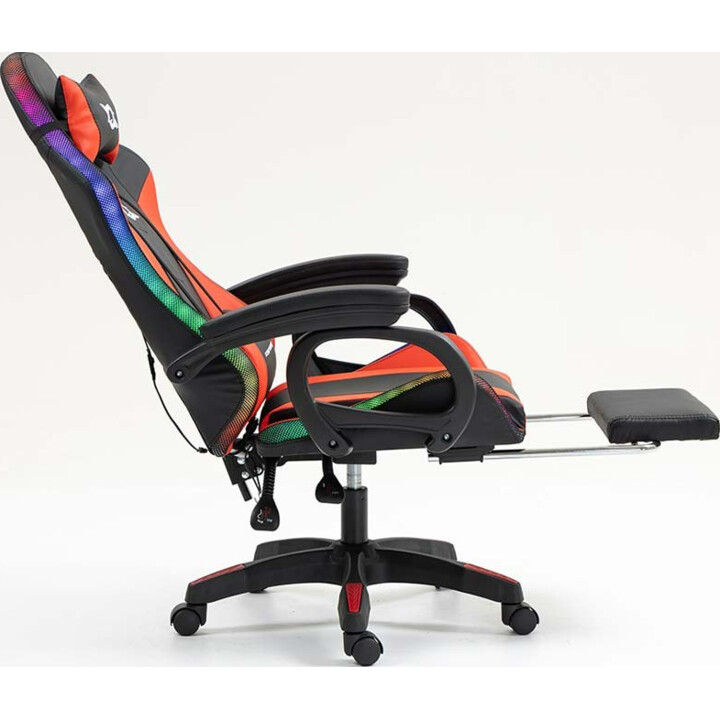 Silla Gaming PowerGaming LED RGB con Altavoz Bluetooth, Masaje y Reposapiés Negro+Rojo