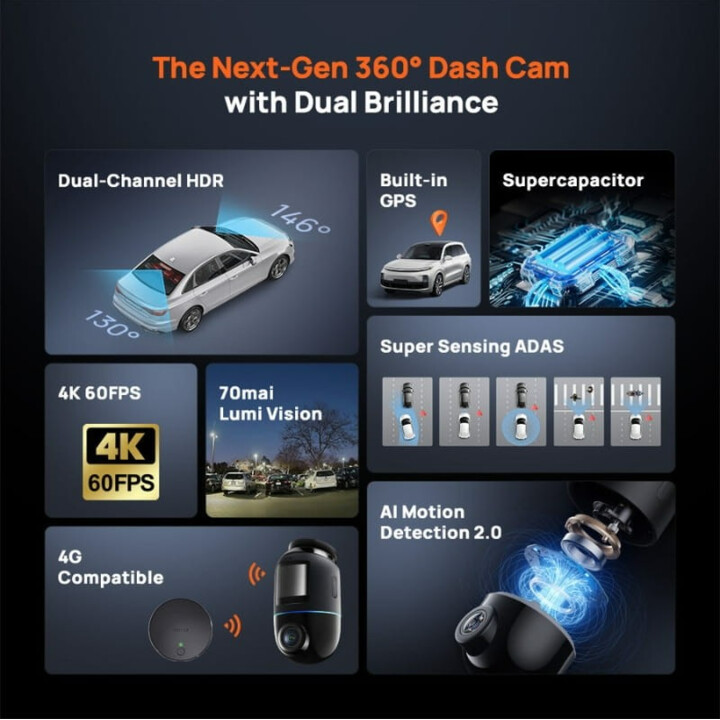 70mai Omni X800-2 128GB + Cámara Trasera 4K WiFi/4G Negro