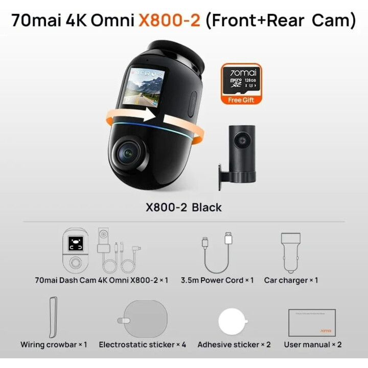 70mai Omni X800-2 128GB + Cámara Trasera 4K WiFi/4G Negro