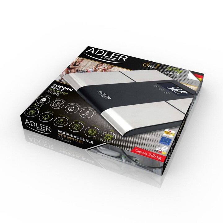Balança de banheiro Adler AD 8165 retangular preta, cinza, balança eletrônica pessoal