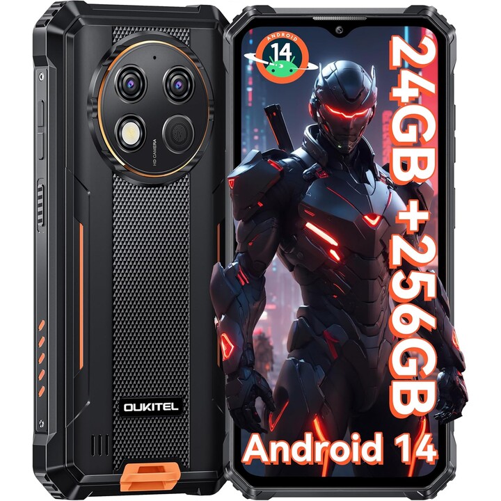 OUKITEL G1, teléfono inteligente Android 14 resistente, 24 GB+ 256 GB (TF 1TB) 6.52 HD+ Teléfono móvil inquebrantable, naranja