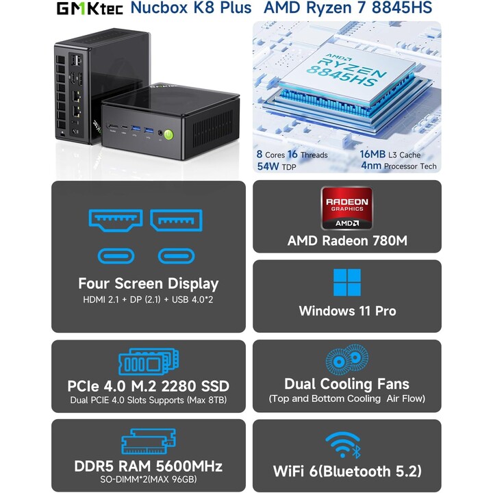 GMKtec NucBox K8 Plus Ryzen 7 8845HS/16GB/512GB/W11 Preto