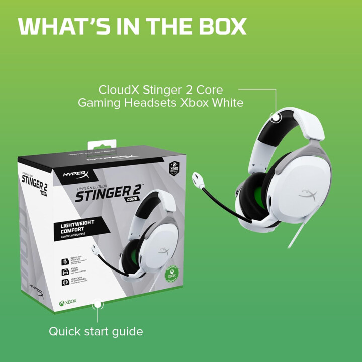 Hyperx Cloudx Stinger 2 Core Gaming Cascing avec pilotes de 40 mm, blanc