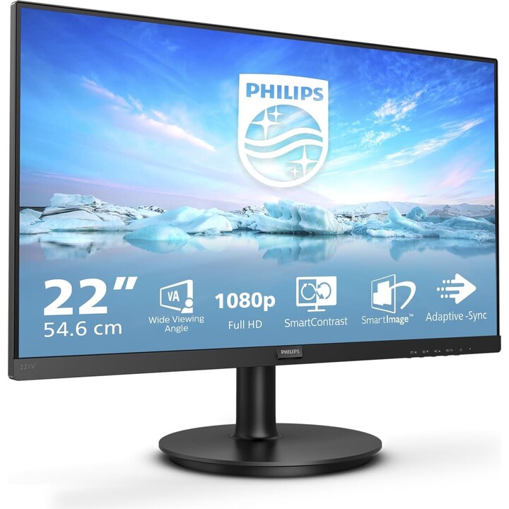 Philips 221V8A/00 Monitor FHD da 22", 75 Hz, pannello VA, senza sfarfallio, montaggio VESA, altoparlanti (1920x1080, 200 cd/m², 
