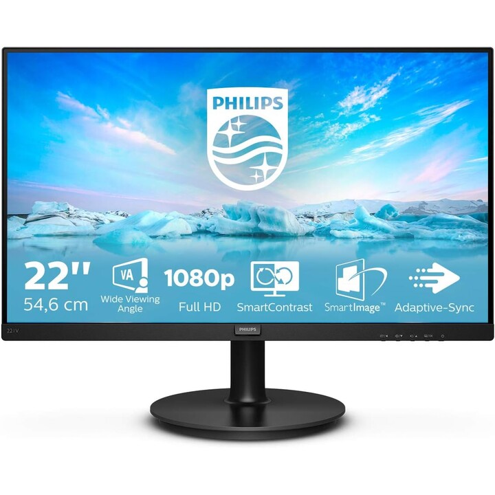 Philips 221V8A/00 Monitor FHD da 22", 75 Hz, pannello VA, senza sfarfallio, montaggio VESA, altoparlanti (1920x1080, 200 cd/m², 
