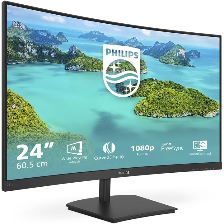 Monitor Philips 241E1SC - 24\", FHD, 75 Hz, VA, senza sfarfallio (1920x1080, 250 cd/m², VESA, D-Sub, HDMI), Nero