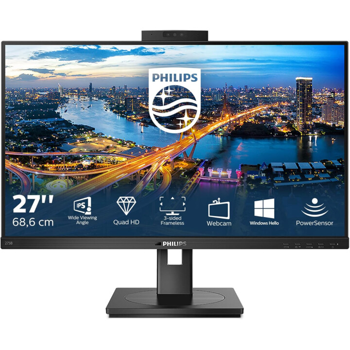 Philips 275B1H Moniteur QHD 27", webcam, hauteur réglable, 2560 x 1440, DVI, HDMI, DisplayPort, hub USB, noir
