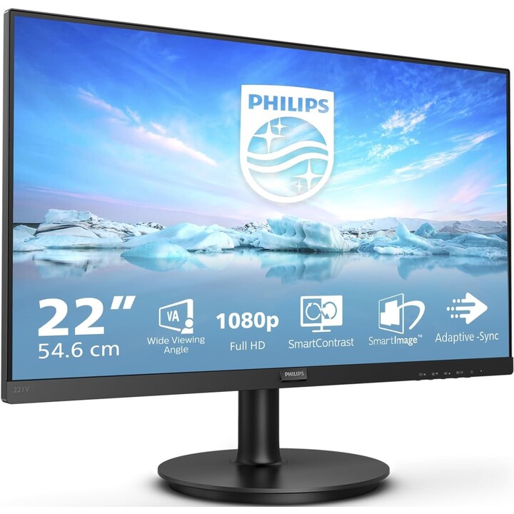 Monitor Philips 221V8/00 22", FHD, 75 Hz, VA, sin parpadeo, VESA (1920x1080, 200 CD/m², D-Sub, HDMI), negro