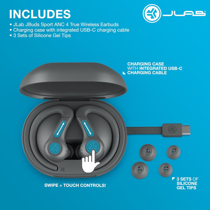 JLAB JBUDS Sport ANC 4 True Wireless Bluetooth Ear fones Case Case Graphite