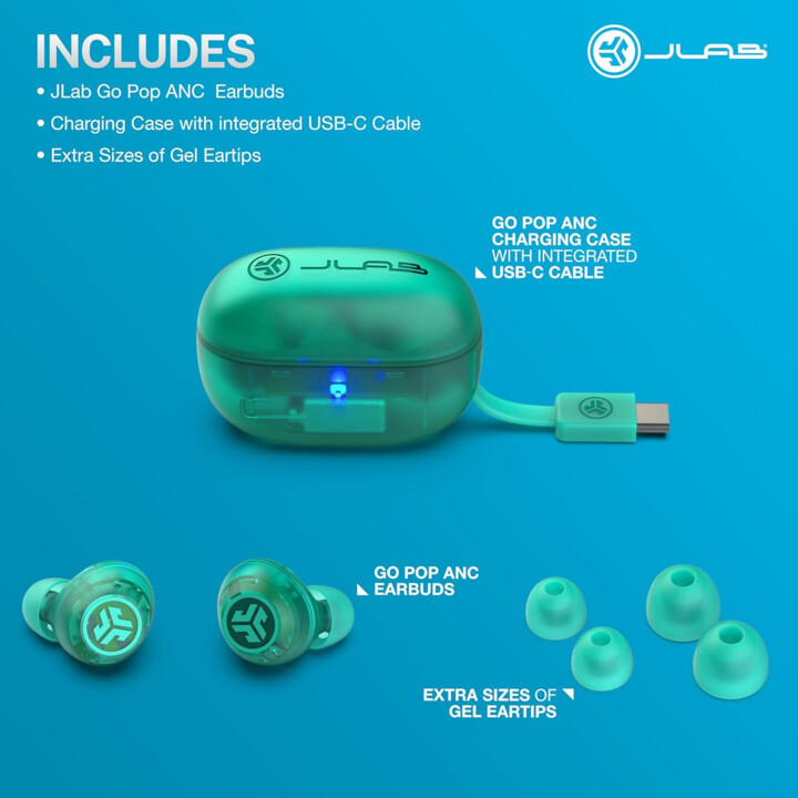Jlab Go Pop ANC True auricular inalámbrico y estuche de carga, verde azulado transparente