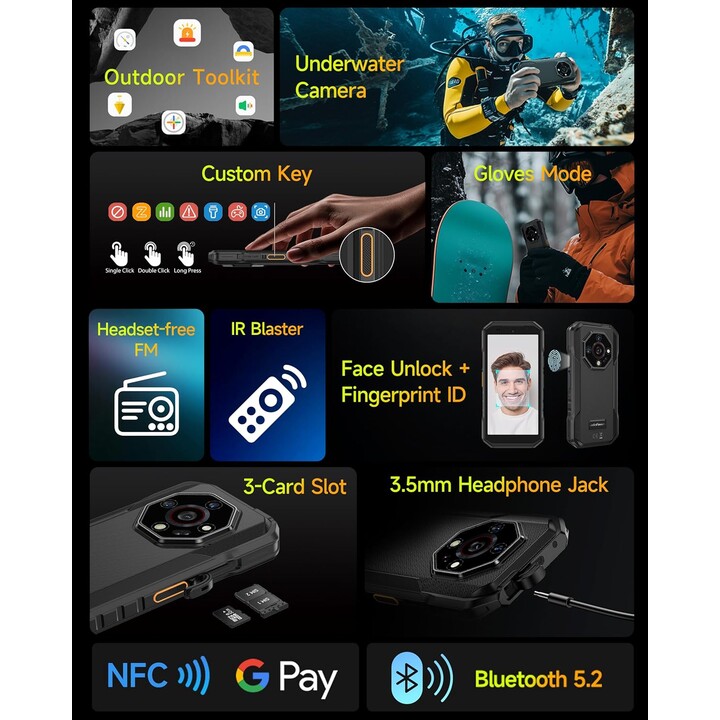 ULEFONE ARMOR X32, 12 GB + 128GB/2TB, 48MP + 20MP, Visão noturna, 5,65 polegadas, 5500mAh IP68, NFC, verde