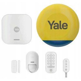 Kit de inicio de alarma inteligente Yale de 6 piezas: unidad de control, sirena, teclado, control remoto, sensor de movimiento y