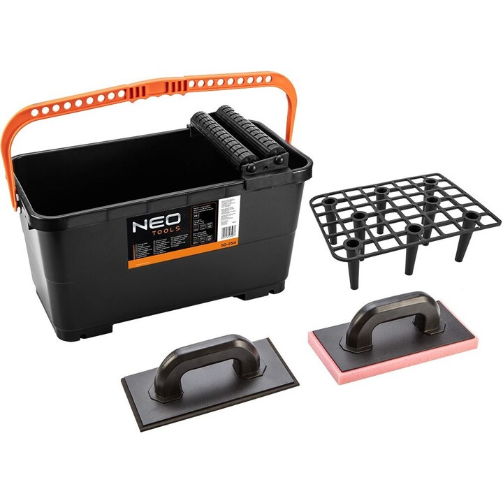 Tiling kit: 24l container with a grate and rolls, a rubber float, a soft sponge float