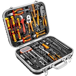Neo Tools 01-310-1 electrician tool case with 108 pieces for professional work, Black