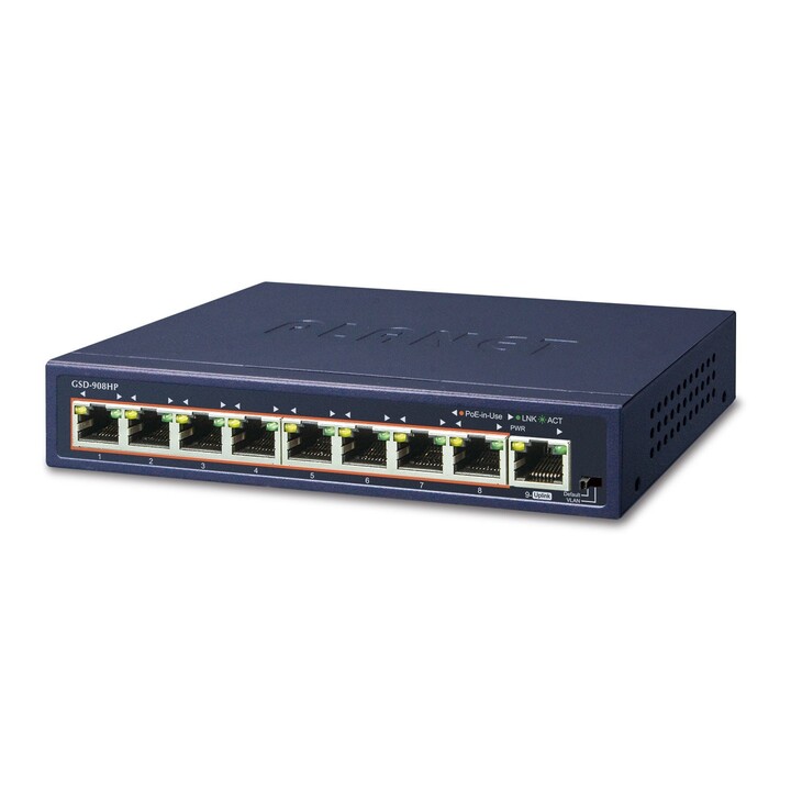 PLANET GSD-908HP Unmanaged Gigabit Ethernet (10/100/1000) Power over Ethernet (PoE) Switch Blue