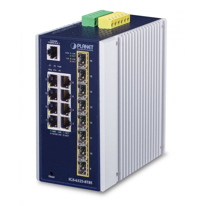 Carte réseau Gigabit Ethernet industrielle PLANET IP30 L3 8 ports gérée (10/100/1000) bleu, blanc