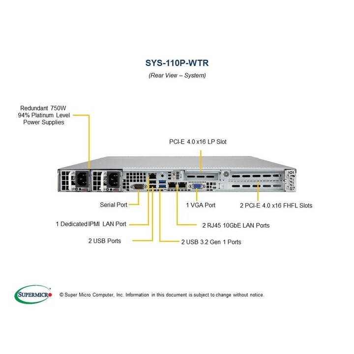 Supermicro SYS-110P-WTR Server-Rack (1U) Intel® Xeon® Sequence 3000 DDR4-SDRAM 750 W