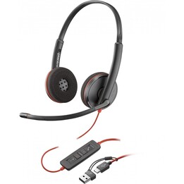 Cuffie stereo USB-C POLY Blackwire 3220 nere + adattatore USB-C/A (sfuse) con archetto cablato per ufficio/call center USB tipo 