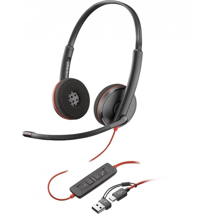 Casque stéréo USB-C noir POLY Blackwire 3220 + adaptateur USB-C/A (en vrac) Serre-tête filaire Bureau/Centre d appels USB Ty