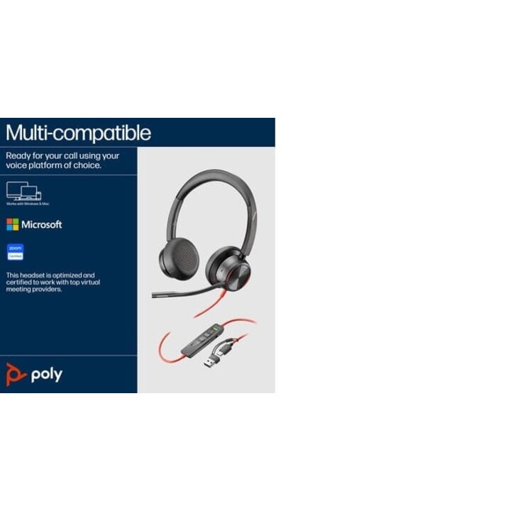Casque stéréo USB-C POLY Blackwire 8225 + adaptateur USB-C/A Serre-tête filaire Bureau/Centre d appels USB Type C Noir