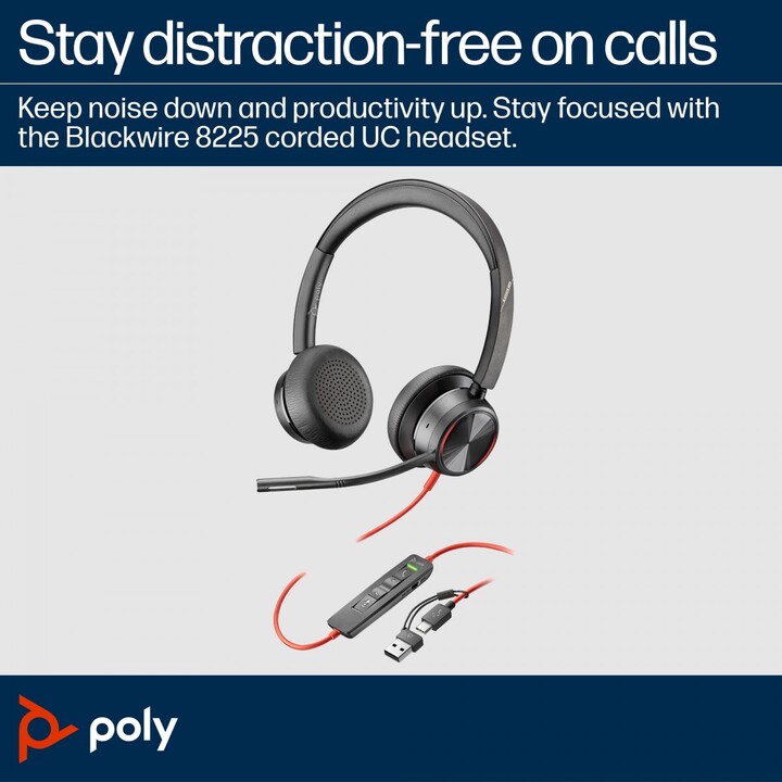 POLY Blackwire 8225 Stereo USB-C Headset + USB-C/A Adapter Wired Headband Office/Call Center USB Type C Black