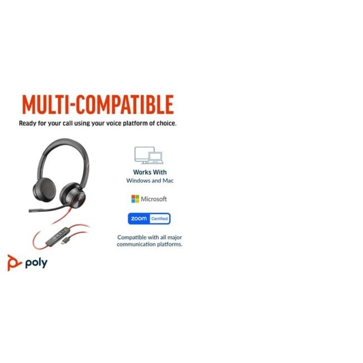 POLY Blackwire 8225 Cuffie stereo USB-C + adattatore USB-C/A con archetto cablato per ufficio/call center USB tipo C, nere