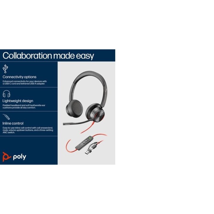 POLY Blackwire 8225 Stereo USB-C Headset + USB-C/A Adapter Wired Headband Office/Call Center USB Type C Black
