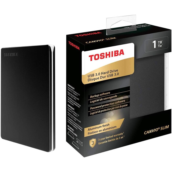 Toshiba Canvio Slim External Hard Drive, 1000 GB, Black