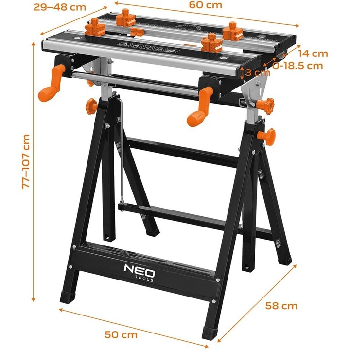 Neo Tools 44-700 Aluminium verstellbare Werkbank 60 x 58 cm für Werkstatt, Silber