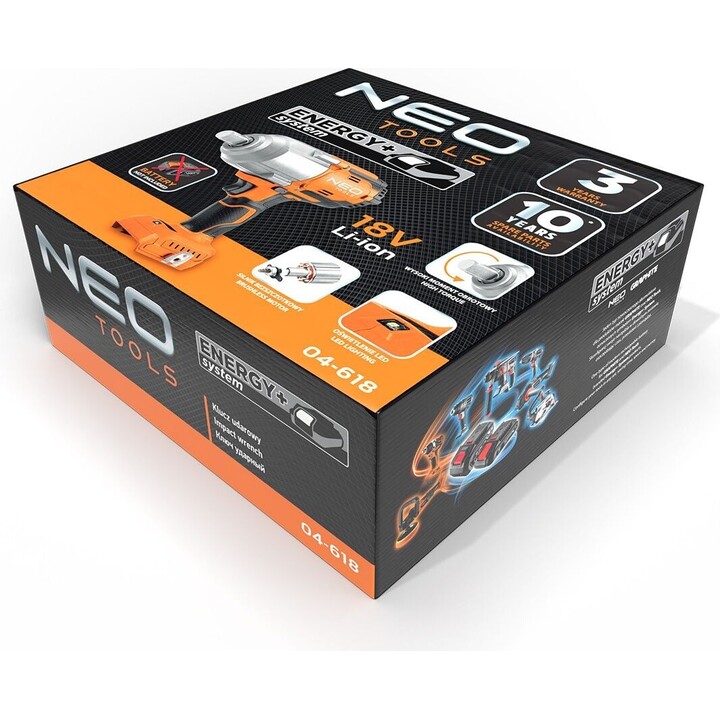 Neo Tools 04-618, avvitatore a impulsi senza spazzole da 18 V Li-Ion, 1100 Nm di coppia elevata, arancione