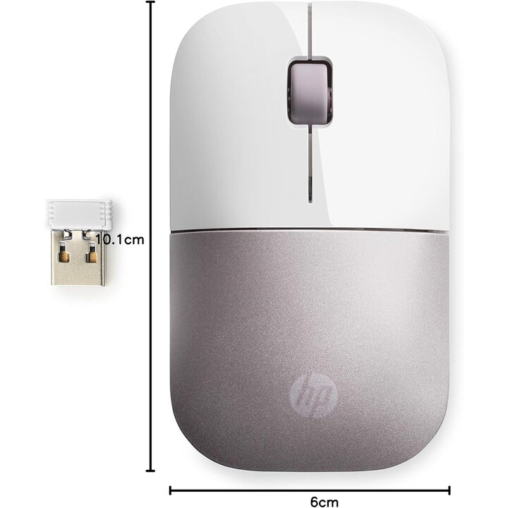 HP Z3700 Wireless Maus, 1200 DPI, 3 Knöpfe und Bildlaufrad, 16 Monate Batterie, LED -Technologie, Weiß und Rosa