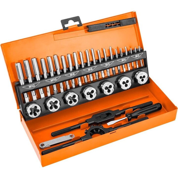 Neo Tools TOP-12-915 Set di maschi e filiere HSS da 32 pezzi con valigetta professionale, argento