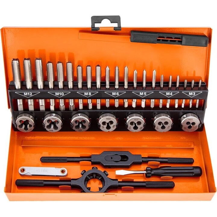 Neo Tools TOP-12-915 32-piece HSS tap and die set with professional case, Silver