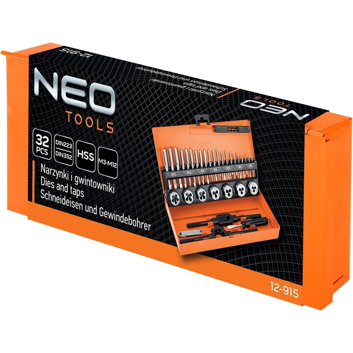 Neo Tools TOP-12-915 32-piece HSS tap and die set with professional case, Silver