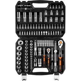 Neo Tools 10-066, Jogo de soquetes de 1/4" e 1/2", 110 peças, preto
