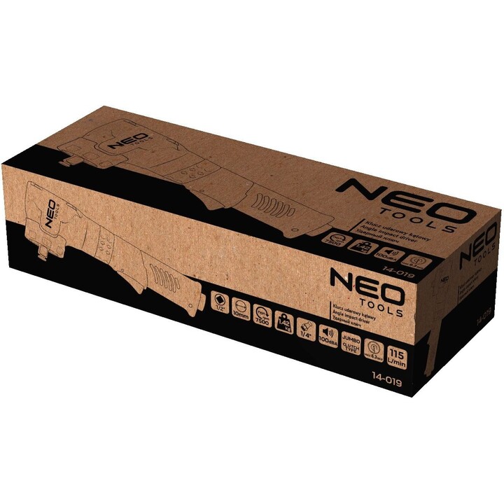 Neo Tools 14-019, chave angular de impacto pneumática de 1/2", torque de 500 Nm, aço industrial, preto