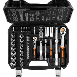 NEO TOOLS 10-054, Jogo de soquetes de 1/2" e 1/4", 73pcs, preto