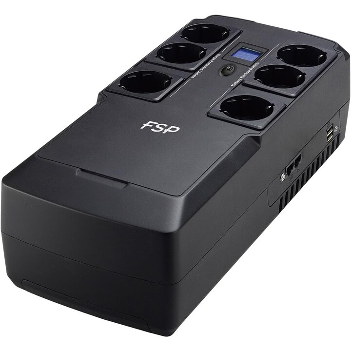 SAI fuera de línea FSP NANOFIT 600 de 600 VA y 360 W con cargador USB de 2 puertos y 6 conectores Schuko