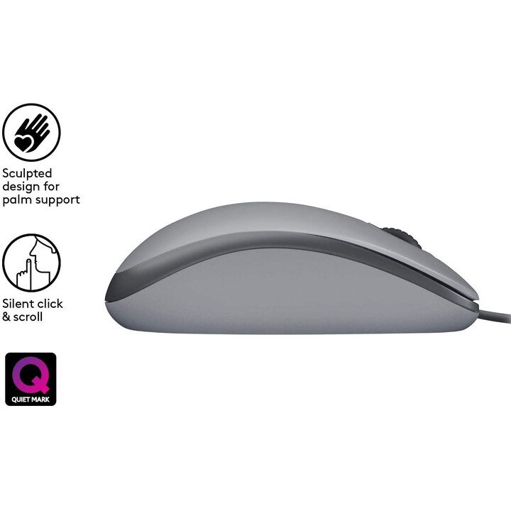 Mouse USB com fio Logitech M110, botões silenciosos, design confortável de uso em tamanho real, ambidestro, cinza