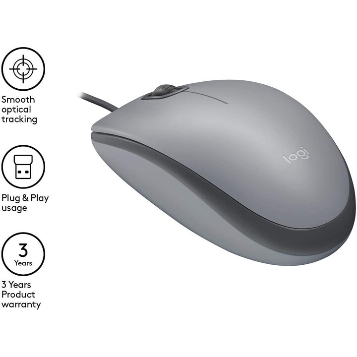 Souris USB filaire Logitech M110, boutons silencieux, confortable conception d'utilisation pleine grandeur, ambidextre, gris