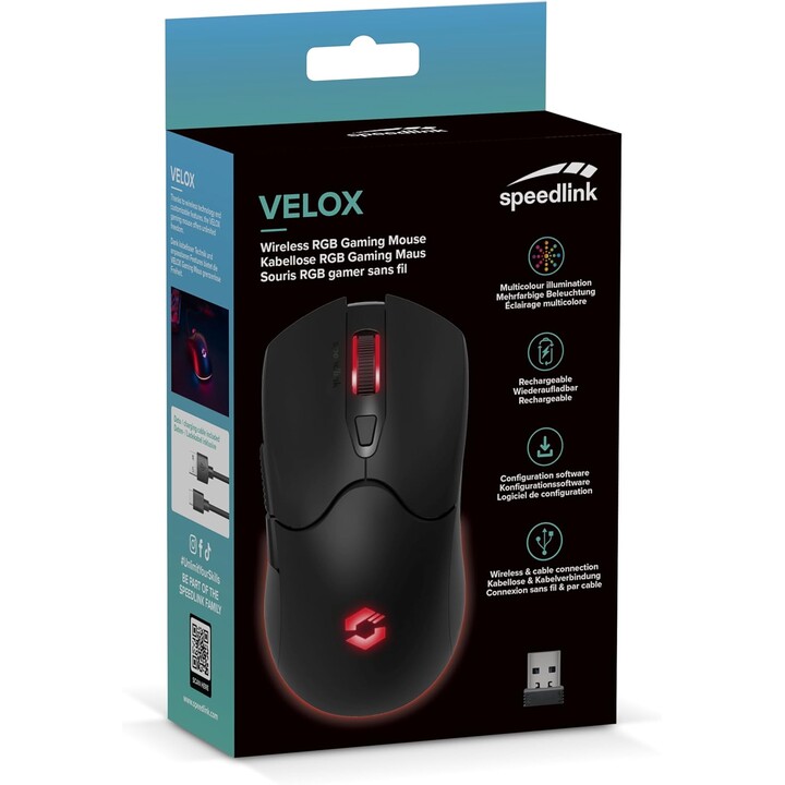 Mouse da gioco RGB wireless Velox Speedlink, USB-C, 4800DPI, programmabile, leggero, ricevitore Nano USB, illuminazione a LED RG