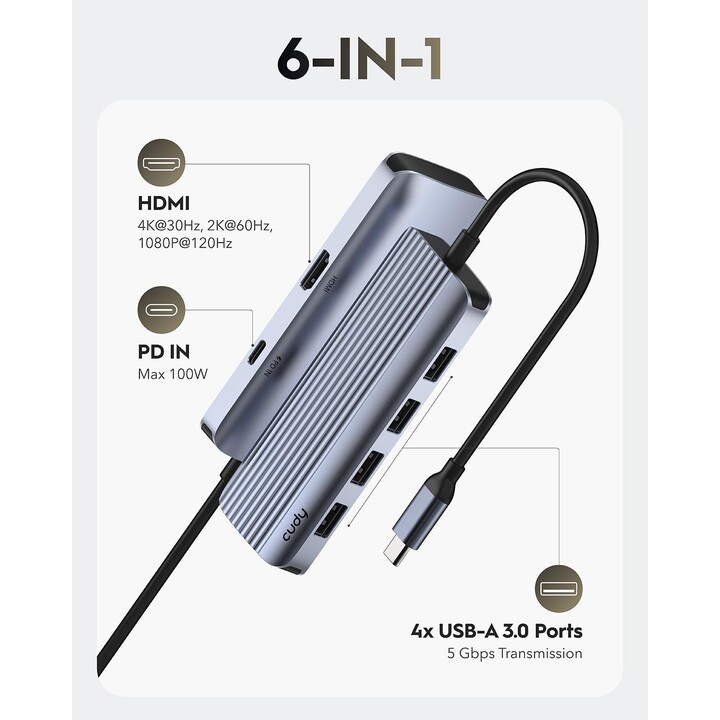 Hub USB-C 6 in 1 Cudy con HDMI 4K