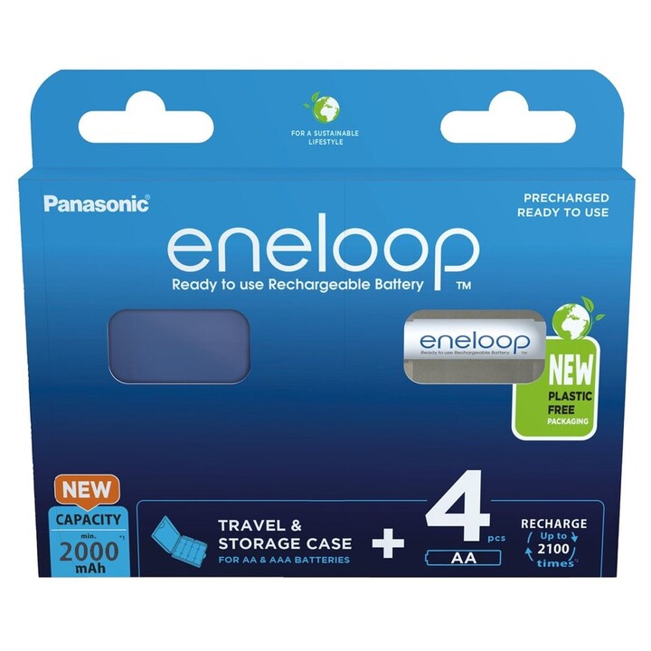 Pilhas recarregáveis PANASONIC ENELOOP AA 2000 mAh, 4 unidades + estojo (BK-3MCDE/4CP+CASE)
