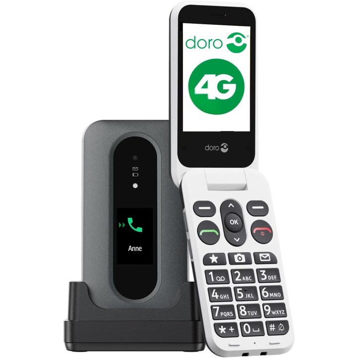 Doro Leva L30 4G, display esterno, qualità audio HD, fotocamera, pulsante SOS con GPS, tra cui la stazione di ricarica, White