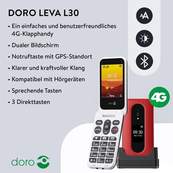 Doro Leva L30 4G, display esterno, qualità audio HD, fotocamera, pulsante SOS con GPS, tra cui la stazione di ricarica, White
