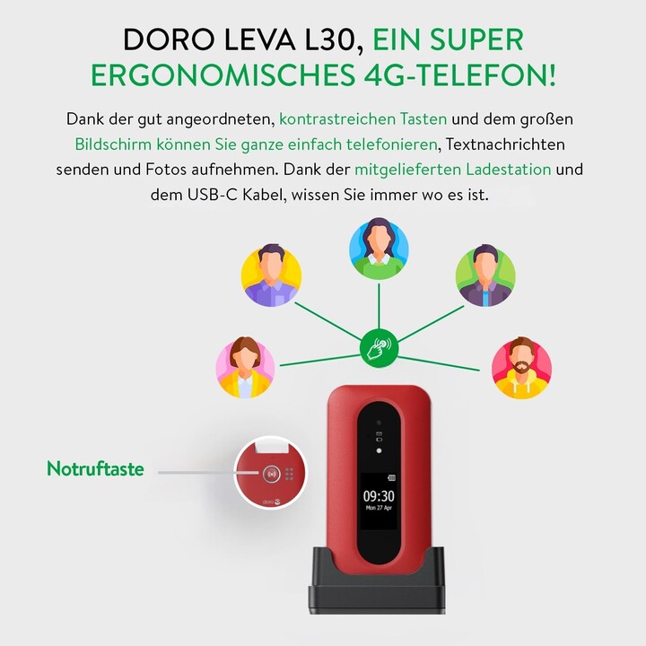 Doro Leva L30 4G, display esterno, qualità audio HD, fotocamera, pulsante SOS con GPS, tra cui la stazione di ricarica, White